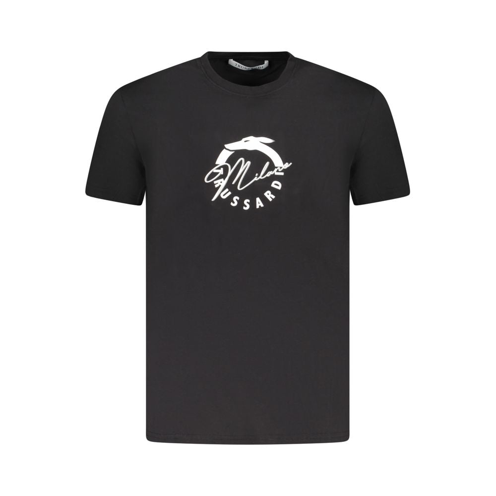 T-Shirt by Trussardi for men in cotton black & print showcases a fashionable silhouette, elegantly detailed with a fashionable short-sleeve and crew neckline for a sophisticated, high-fashion look.