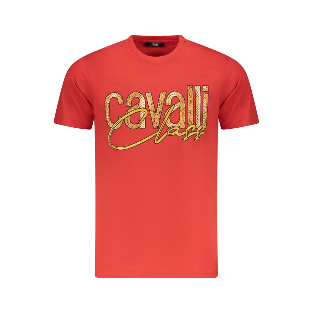 T-Shirt by Cavalli Class for men in cotton red & print showcases a dramatic silhouette, elegantly detailed with a dramatic crew neckline and for a truly dramatic finish.
