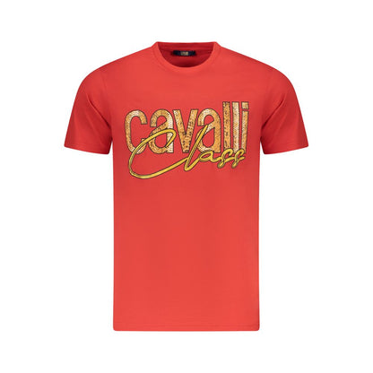 T-Shirt by Cavalli Class for men in cotton red & print showcases a dramatic silhouette, elegantly detailed with a dramatic crew neckline and for a truly dramatic finish.
