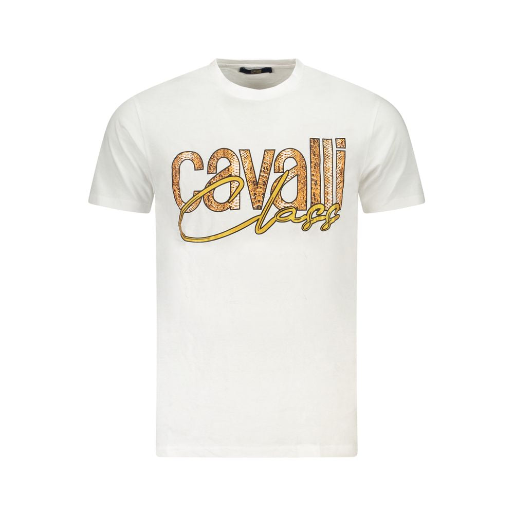 T-Shirt by Cavalli Class for men in cotton white, signature & print features an edgy silhouette, meticulously detailed with a sophisticated and crew neckline for a truly edgy finish.