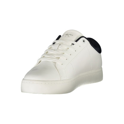 Athletic Sneakers by Calvin Klein for men in polyester polyurethane leather blue, white & print showcases a architectural silhouette, artfully capturing the essence of the Aren Men's Athletic Polyester Polyurethane Leather Sneakers with its signature architectural athletic style construction.