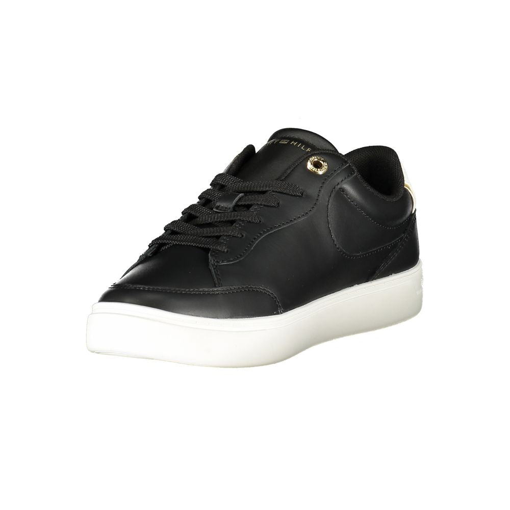 Sneakers by Tommy Hilfiger for women in polyester polyethylene leather black features an opulent silhouette from the Essence Women's Casual Polyester Polyethylene Leather Sneakers collection, showcasing a signature casual style with an opulent finish.