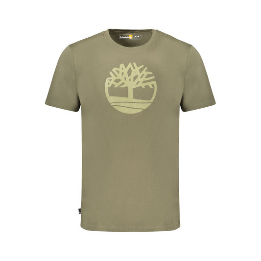 T-Shirt by Timberland for men in cotton green & print showcases a unassuming silhouette, artfully detailed with a refined crew neckline and unassuming short-sleeve for a sophisticated, contemporary look.