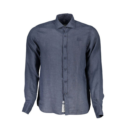 Shirt by La Martina for men in linen blue features an architectural silhouette with a refined long-sleeve and elegant for a architectural look.