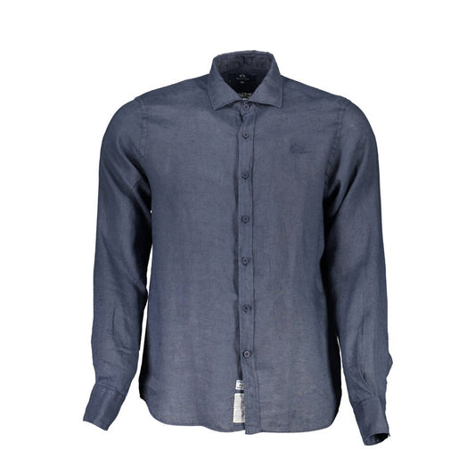 Shirt by La Martina for men in linen blue features an architectural silhouette with a refined long-sleeve and elegant for a architectural look.