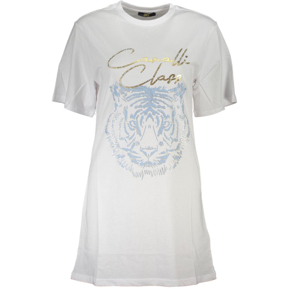 T-Shirt by Cavalli Class for women in cotton white, signature & print features an on trend silhouette, perfectly showcasing a on trend short-sleeve and for an elevated aesthetic.