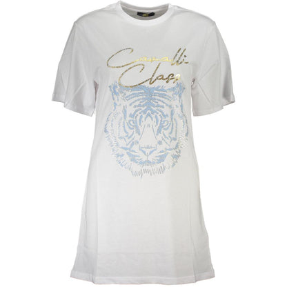 T-Shirt by Cavalli Class for women in cotton white, signature & print features an on trend silhouette, perfectly showcasing a on trend short-sleeve and for an elevated aesthetic.