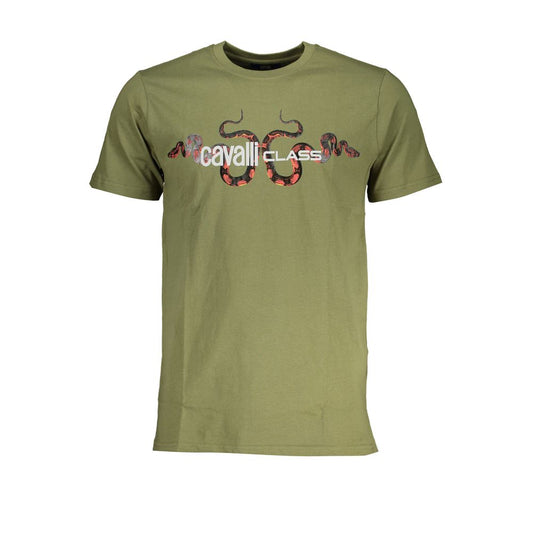 T-Shirt by Cavalli Class for men in cotton green & print features a plush silhouette, showcasing a sophisticated crew neckline and for a truly plush finish.