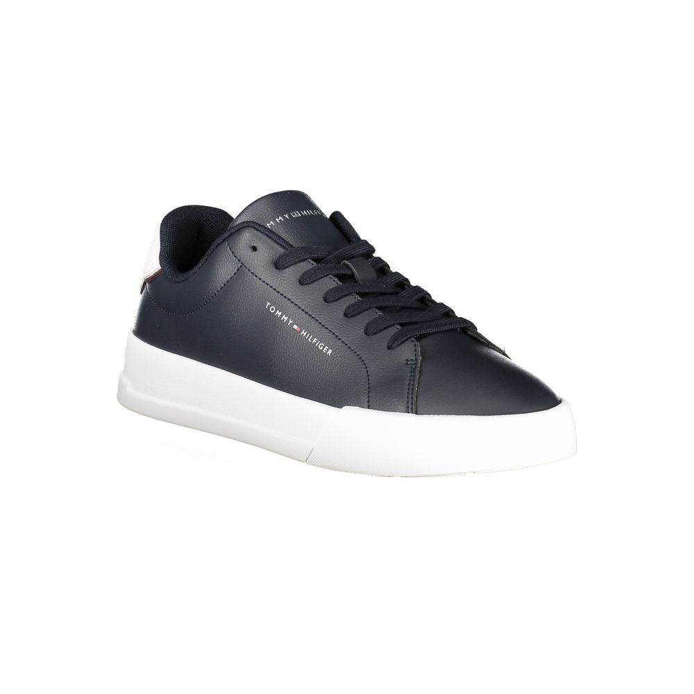 Athletic Sneakers by Tommy Hilfiger for men in polyester polyethylene leather blue & white features an stately silhouette, showcasing the signature athletic style of the Men's Athletic Polyester Polyethylene Leather Sneakers collection with a truly stately finish.