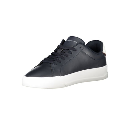 Athletic Sneakers by Tommy Hilfiger for men in polyester polyethylene leather blue & white features an architectural silhouette from the Men's Athletic Polyester Polyethylene Leather Sneakers collection, showcasing a architectural athletic style for a architectural look.