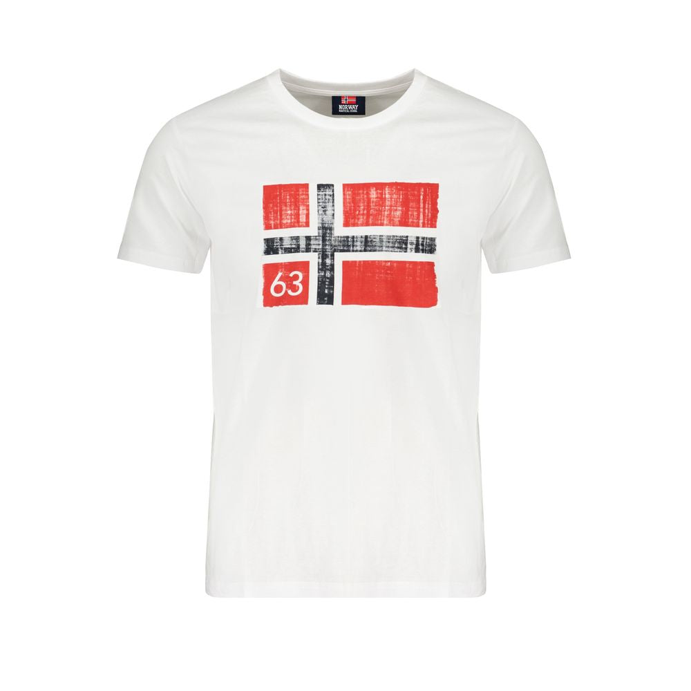 T-Shirt by Norway 1963 for men in cotton beige, white, signature & print showcases a fashionable silhouette, elegantly detailed with a fashionable short-sleeve and crew neckline for a sophisticated, high-fashion look.