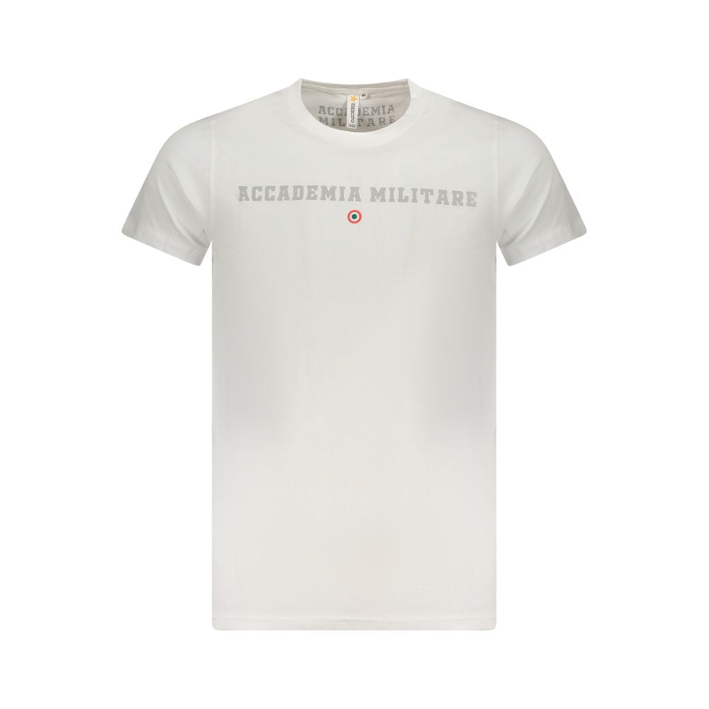 T-Shirt by Accademia Militare for men in cotton white & print showcases a unassuming silhouette, artfully detailed with a refined crew neckline and unassuming short-sleeve for a sophisticated, contemporary look.