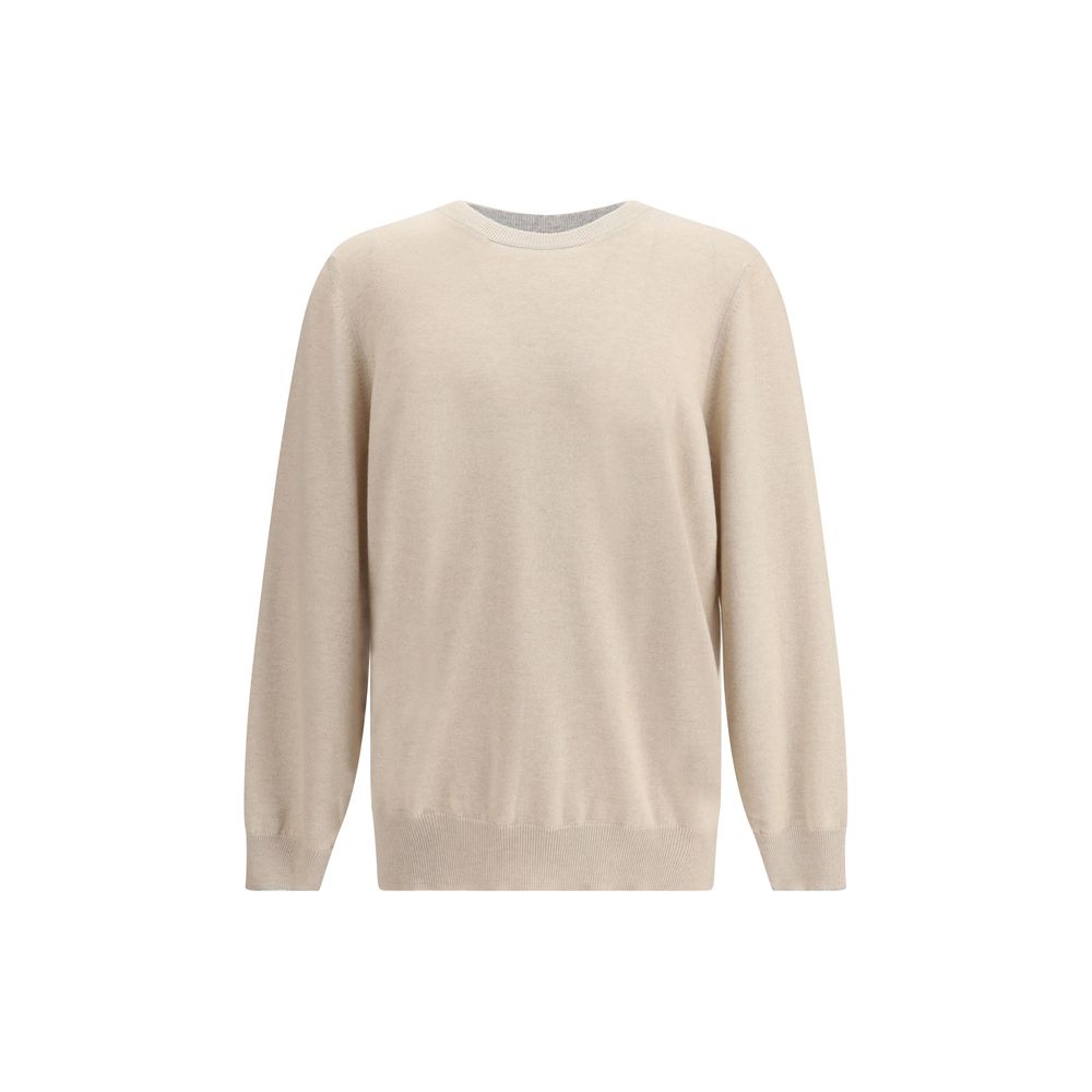 Sweater by Brunello Cucinelli for men in cashmere & capra leather beige & patterned showcases a downtown chic silhouette, artfully finished with a downtown chic crew neckline and for a sophisticated, high-end look.