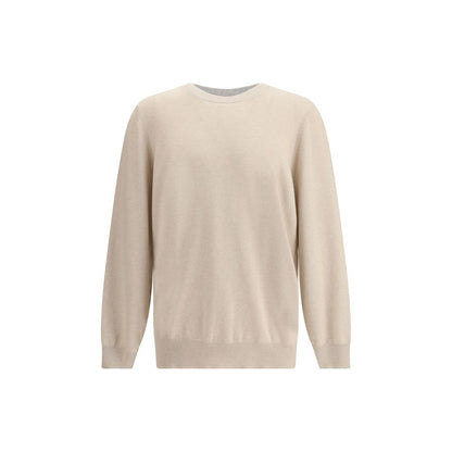 Sweater by Brunello Cucinelli for men in cashmere & capra leather beige & patterned showcases a downtown chic silhouette, artfully finished with a downtown chic crew neckline and for a sophisticated, high-end look.