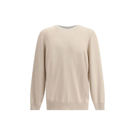 Sweater by Brunello Cucinelli for men in cashmere & capra leather beige & patterned showcases a downtown chic silhouette, artfully finished with a downtown chic crew neckline and for a sophisticated, high-end look.