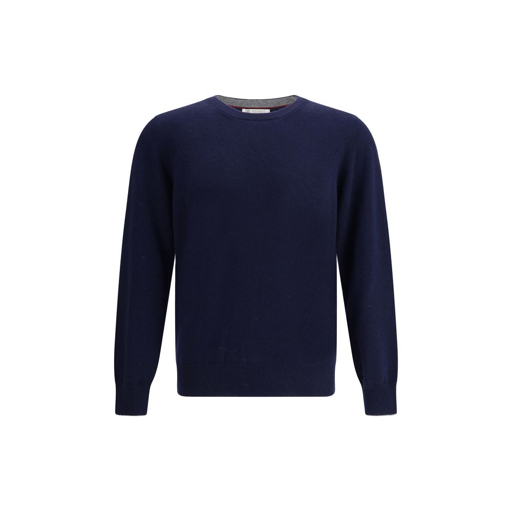 Sweater by Brunello Cucinelli for men in cashmere blue & patterned showcases a discreet silhouette, finished with a discreet crew neckline and for a discreet look.