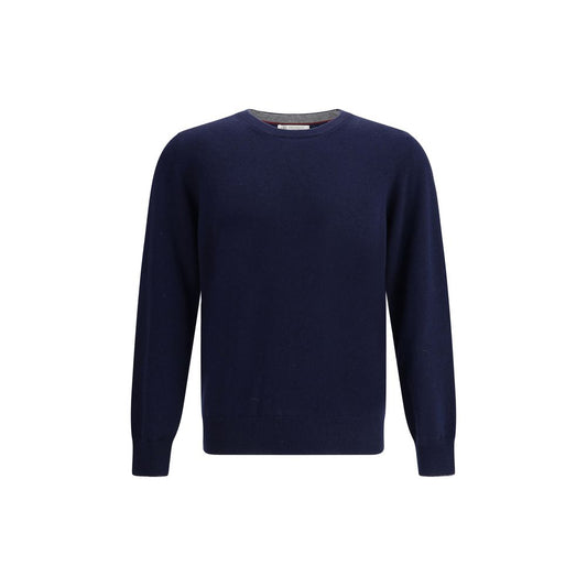 Sweater by Brunello Cucinelli for men in cashmere blue & patterned showcases a discreet silhouette, finished with a discreet crew neckline and for a discreet look.