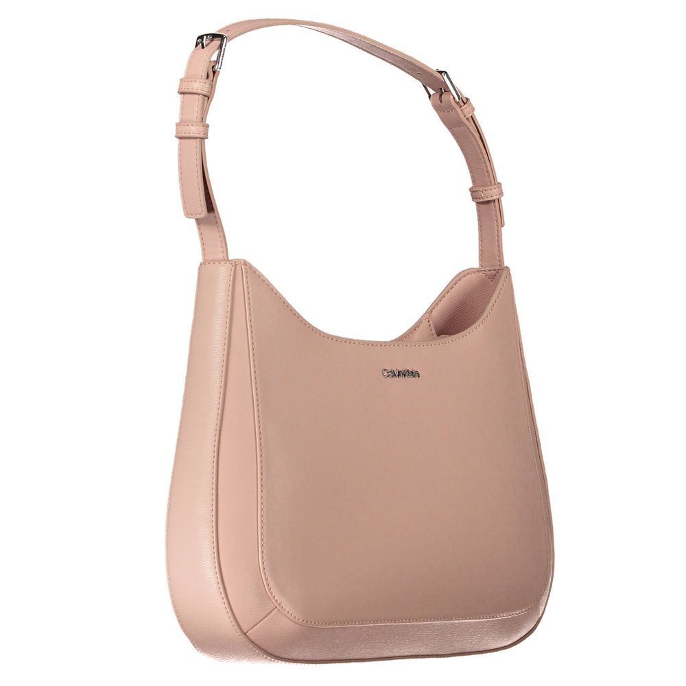 Hobo Handbag by Calvin Klein for women in polyester faux leather pink & signature features a ornamental silhouette, showcasing a secure zipper, ample document-holder, and ornamental adjustable-strap & handle for a sophisticated look.