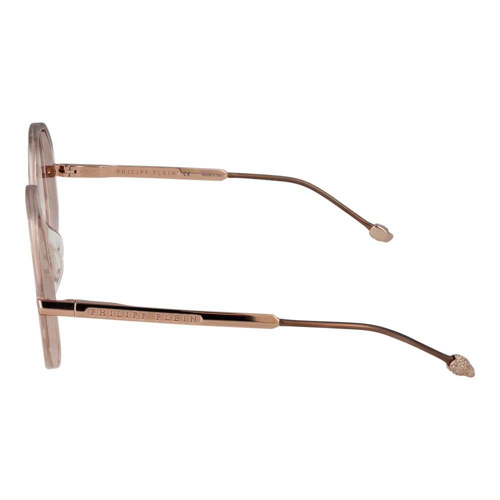 Eyeglasses Frames by Philipp Plein for women in pink showcases a reflective silhouette, artfully incorporating a sophisticated rose coloured frame with a distinct full-frame frame design.