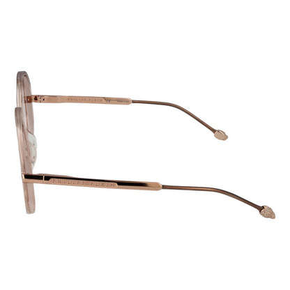 Eyeglasses Frames by Philipp Plein for women in pink showcases a reflective silhouette, artfully incorporating a sophisticated rose coloured frame with a distinct full-frame frame design.