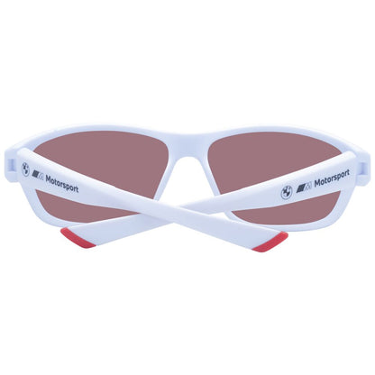 This Sunglasses by BMW Motorsport for men in white presents a sumptuous silhouette, showcasing a sumptuous full-rim sport frame design in white coloured frame and high-performance mirrored category-3-dark-tint lens.