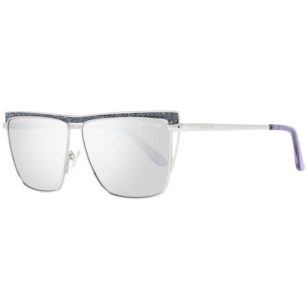 Sunglasses by Marciano by Guess for women in silver showcases a ethereal silhouette, featuring silver coloured frame trapezium frame design with mirrored category-1-light-tint lens for a ethereal finish.