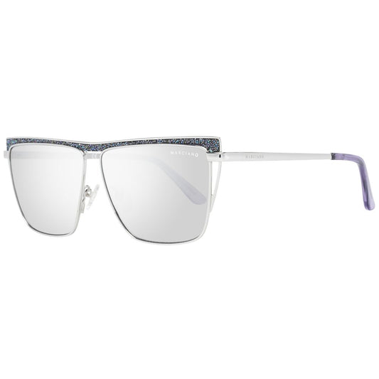 Sunglasses by Marciano by Guess for women in silver showcases a ethereal silhouette, featuring silver coloured frame trapezium frame design with mirrored category-1-light-tint lens for a ethereal finish.