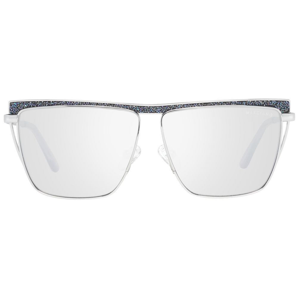 Sunglasses by Marciano by Guess for women in silver features an ethereal trapezium frame design with silver coloured frame frames and mirrored category-1-light-tint lens for a ethereal finish.