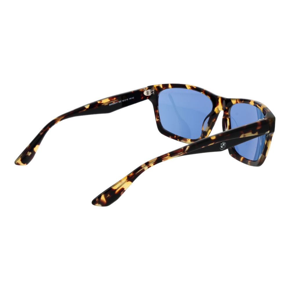 Sunglasses by BMW for men in plastic polyamide blue & brown features an lustrous rectangle full-rim frame design with brown coloured frame detailing and category-2-medium-tint mirrored lens for a lustrous aesthetic.