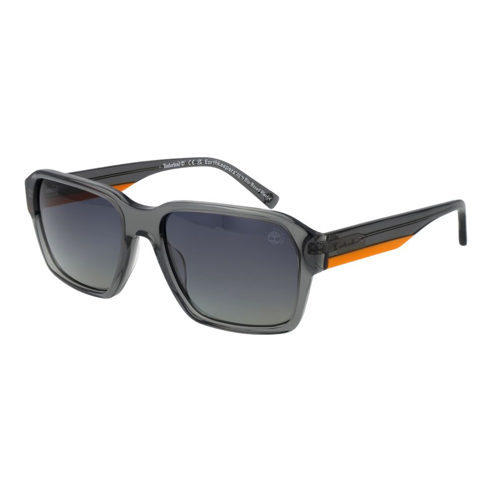 Sunglasses by Timberland for men in acetate gray features an lustrous rectangle full-rim frame design with gray coloured frame detailing and polarized gradient category-3-dark-tint lens for a lustrous aesthetic.