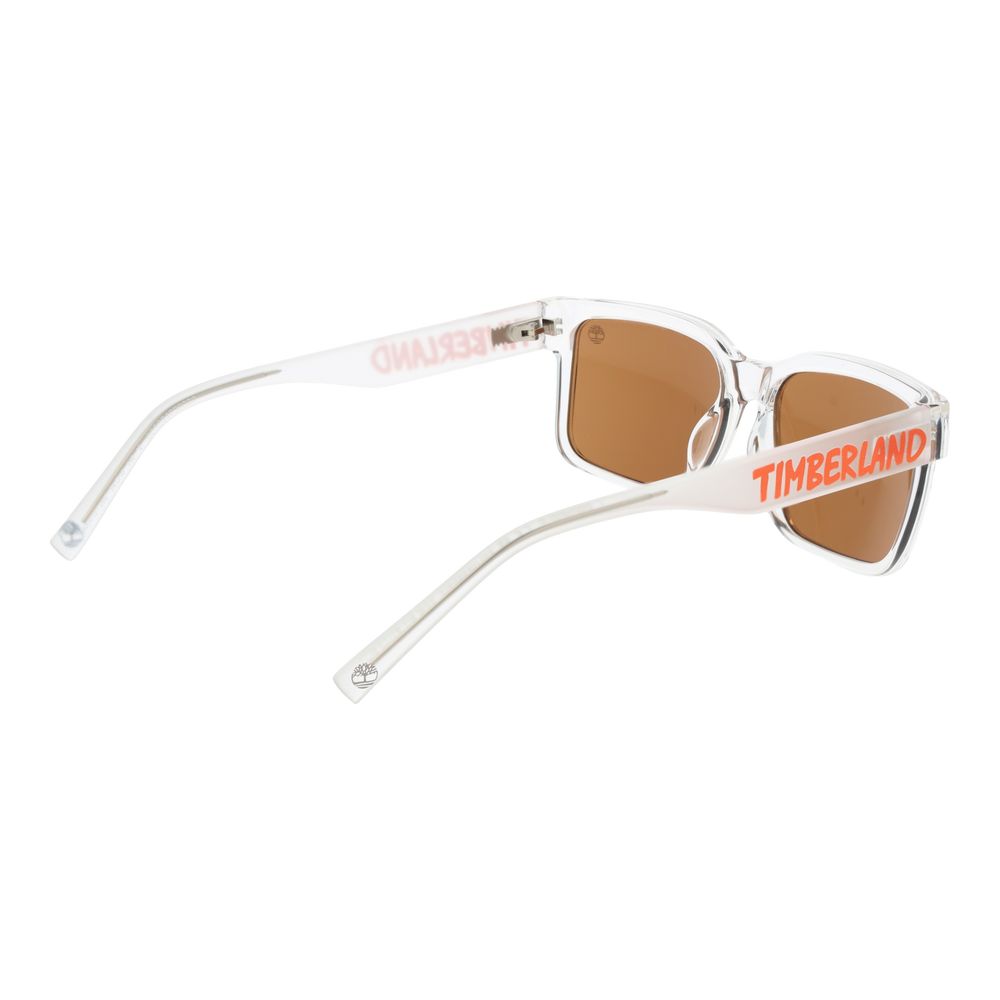 Sunglasses by Timberland for unisex in stainless steel transparent features an lustrous rectangle full-rim frame design with transparent coloured frame detailing and non-polarized category-2-medium-tint lens for a lustrous aesthetic.