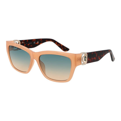 Sunglasses by Guess for women in stainless steel beige features an ethereal rectangle full-rim frame design with beige coloured frame frames and gradient category-2-medium-tint lens for a ethereal finish.