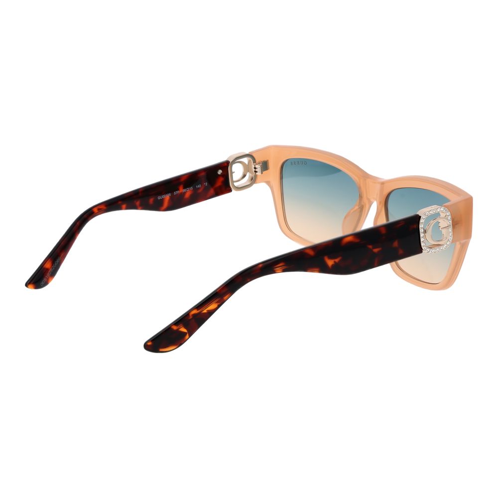 Sunglasses by Guess for women in stainless steel beige features a sumptuous silhouette, showcasing a sumptuous rectangle full-rim frame design in beige coloured frame with high-performance gradient category-2-medium-tint lens.