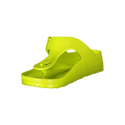 Flip-Flop Sandals by Norway 1963 for women in plastic yellow & print showcases a sculptural silhouette as Women's Plastic Flip-Flop Sandals, defined by a sculptural and sculptural for a sculptural look.