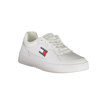 Sneakers by Tommy Hilfiger for men in polyester polyethylene leather white & signature presents a sumptuous silhouette from the Men's Athletic Polyester Polyethylene Leather Sneakers collection, showcasing a sumptuous athletic style for an elevated aesthetic.