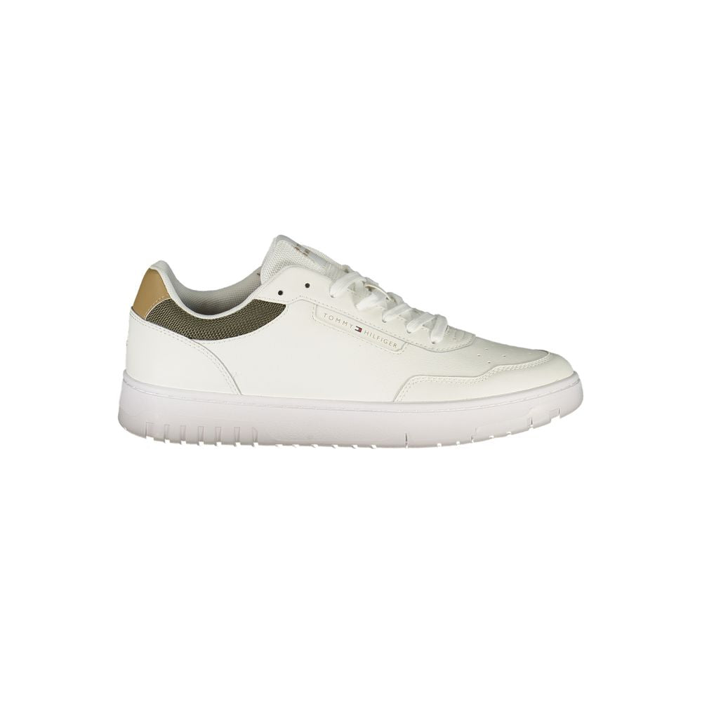 Sneakers by Tommy Hilfiger for men in polyester polyethylene leather beige, green & white presents a sumptuous silhouette, artfully capturing the essence of the Men's Fashion Polyester Polyethylene Leather Sneakers with its sumptuous fashion style design.