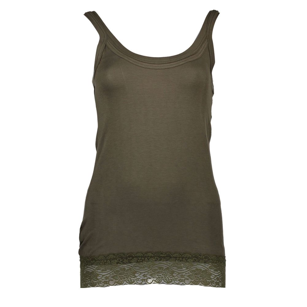 T-Shirt by Silvian Heach for women in stretch cotton green showcases a fashionable silhouette, elegantly detailed with a fashionable sleeveless and for a sophisticated, high-fashion look.