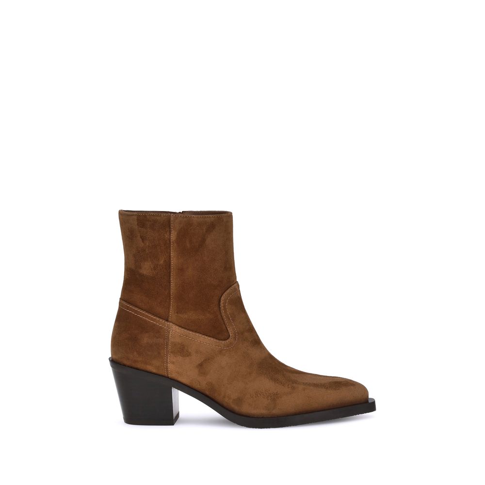 Ankle Cowboy Boots by Stuart Weitzman for women in bos taurus calf leather brown features an dynamic silhouette, showcasing the dynamic Women's Bos Taurus Calf Leather Ankle Cowboy Boots design with its distinctive block-heel and elegant almond toe style.