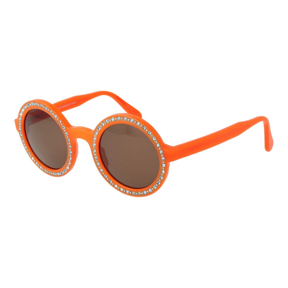 Sunglasses by Andy Wolf for unisex in acetate orange features an ethereal full-rim round frame design with orange coloured frame frames and non-polarized category-3-dark-tint lens for a ethereal finish.