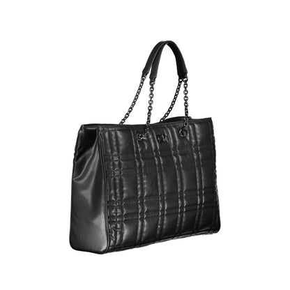 Quilted Shoulder Convertible Handbag by Calvin Klein for women in polyester faux leather black features an exquisite silhouette, showcasing a secure snap & zipper, ample built-in-compartments & internal-pockets, and exquisite shoulder-strap & handle for a sophisticated finish.