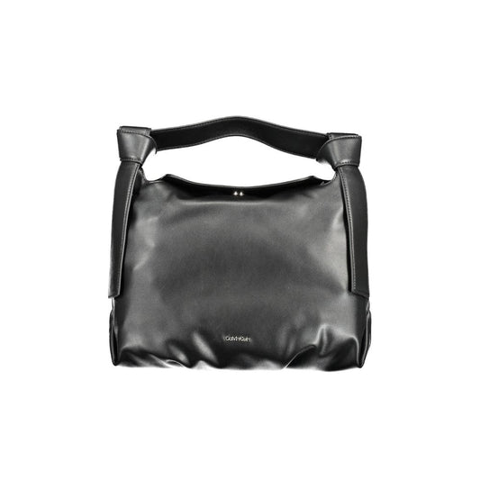 This Satchel Handbag by Calvin Klein for women in polyester faux leather and black presents a sculptural silhouette featuring a secure snap, ample internal-pockets, and versatile shoulder-strap, adjustable-strap & handle for a sculptural finish.