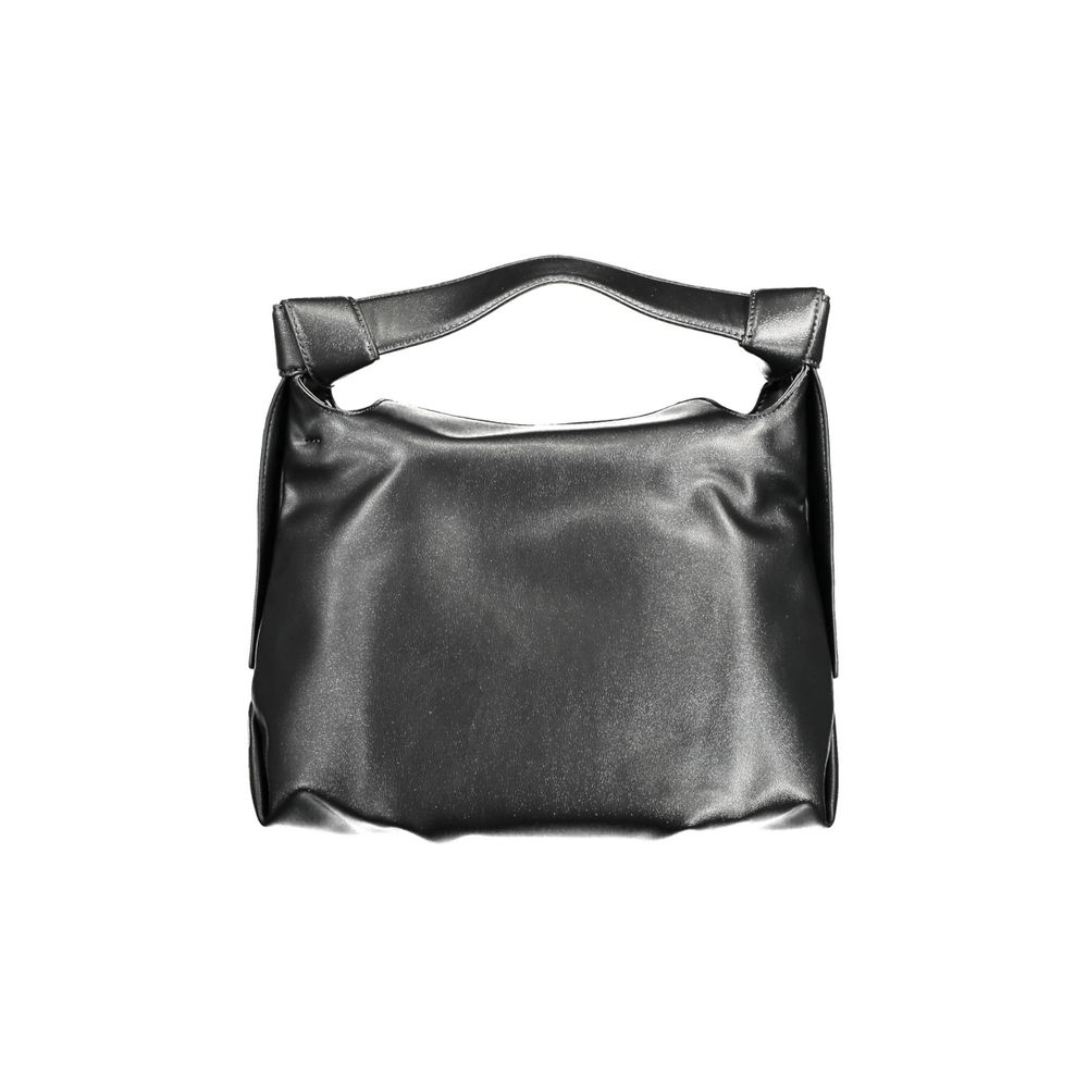 Satchel Handbag by Calvin Klein for women in polyester faux leather black features an refined silhouette, showcasing a secure snap, ample internal-pockets, and versatile shoulder-strap, adjustable-strap & handle for a sophisticated refined aesthetic.