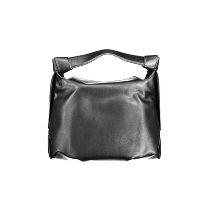 Satchel Handbag by Calvin Klein for women in polyester faux leather black features an refined silhouette, showcasing a secure snap, ample internal-pockets, and versatile shoulder-strap, adjustable-strap & handle for a sophisticated refined aesthetic.