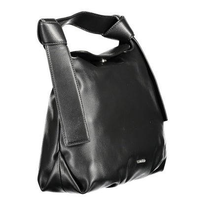 Satchel Handbag by Calvin Klein for women in polyester faux leather black features a signature silhouette, showcasing a secure snap and signature internal-pockets with versatile shoulder-strap, adjustable-strap & handle for a sophisticated look.