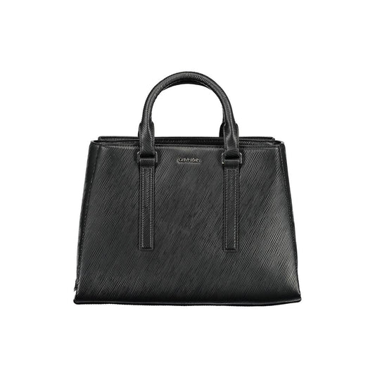 Satchel Handbag by Calvin Klein for women in polyester black features an refined silhouette, showcasing a secure clip, ample , and versatile shoulder-strap, adjustable-strap & handle for a sophisticated refined aesthetic.