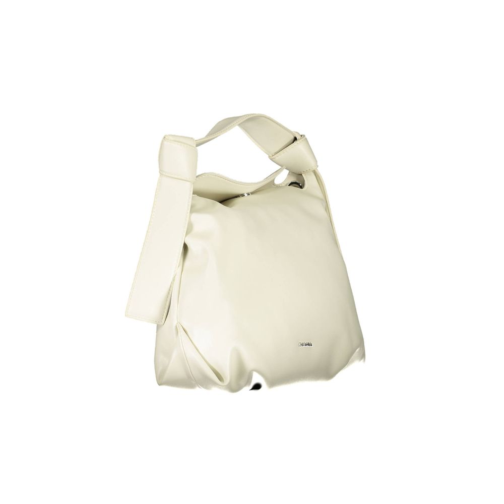 Shoulder Convertible Handbag by Calvin Klein for women in polyester faux leather beige features an exquisite silhouette, showcasing a secure snap, ample internal-pockets, and exquisite shoulder-strap, handle & adjustable-strap for a sophisticated finish.