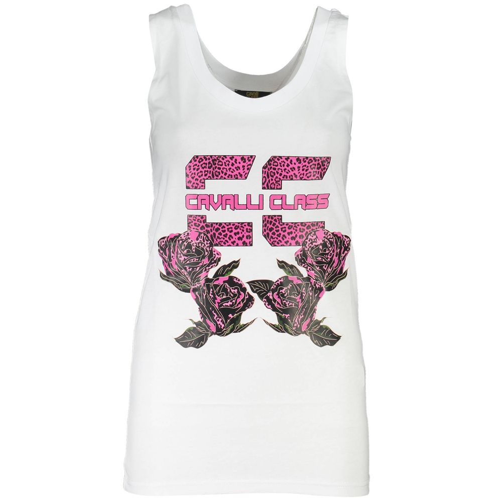 T-Shirt by Cavalli Class for women in cotton white showcases a fashionable silhouette, elegantly detailed with a fashionable sleeveless and round neckline for a sophisticated, high-fashion look.