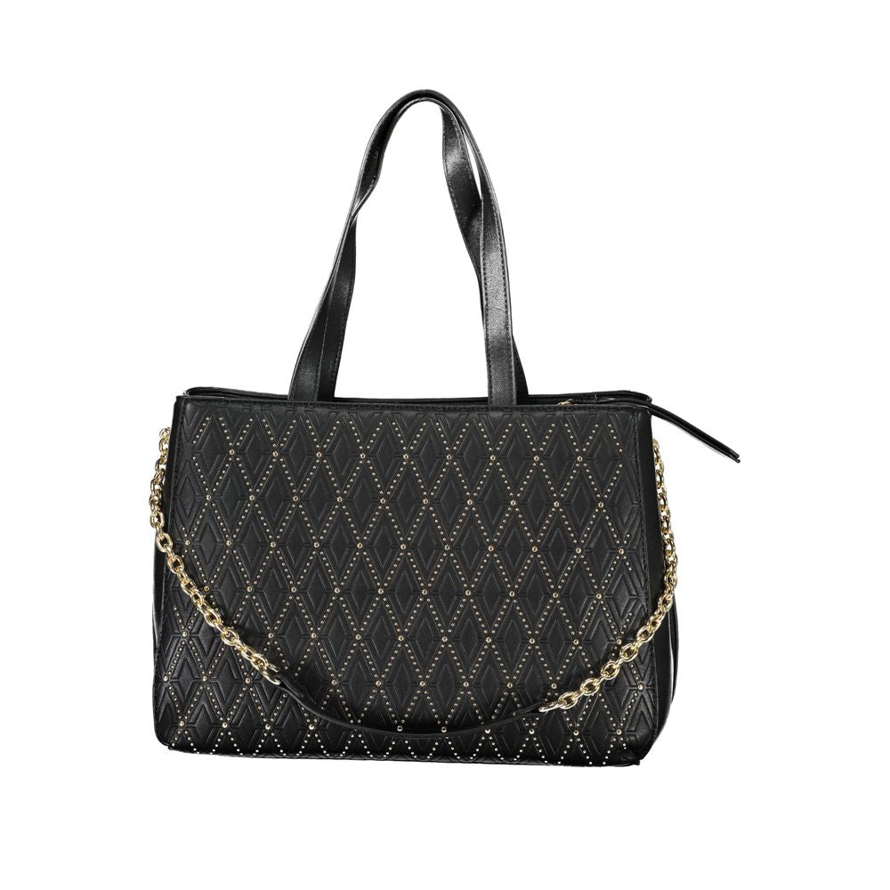Phone Holder Handbag by Mario Valentino for women in polyethylene black features a ornamental silhouette, showcasing a secure snap & zipper, ample built-in-compartments & internal-pockets, and ornamental shoulder-strap, adjustable-strap & handle for a sophisticated look.