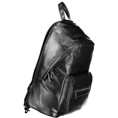 Backpack by Calvin Klein for men in polyester black showcases an architectural Polyester Backpack design, featuring a secure zipper, ample external-pockets, internal-pockets & laptop-compartment, and architectural handle, backpack-strap & adjustable-strap for a sophisticated look.