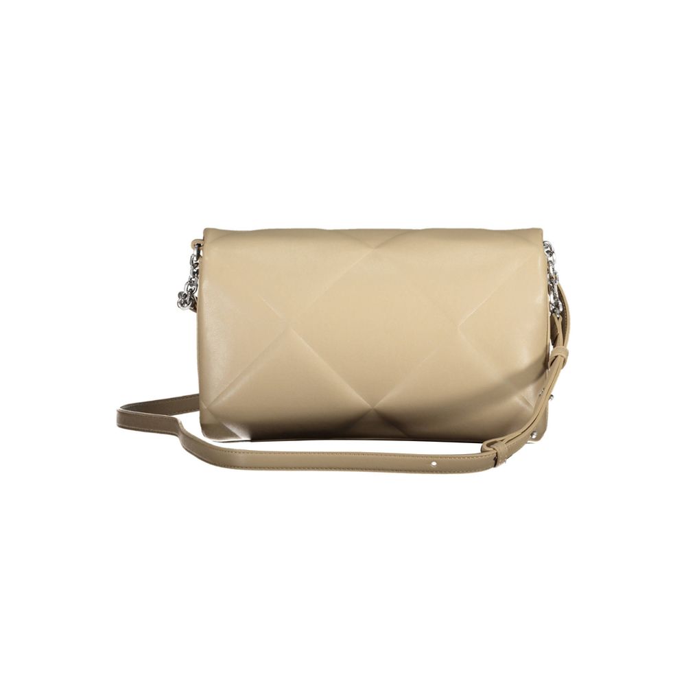 Crossbody Convertible Handbag by Calvin Klein for women in polyester faux leather beige & signature features an exquisite silhouette, showcasing a secure clip, ample built-in-compartments & internal-pockets, and exquisite crossbody-strap & adjustable-strap for a sophisticated finish.
